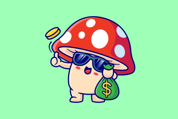 Cute Mushroom Holding Money Bag Cartoon: A Unique Graphic Asset for Local Business Branding